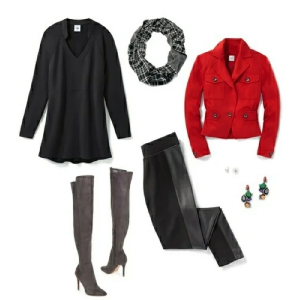 Black Top and Leather Leggings with Red Scarf - Picture 6 of 7